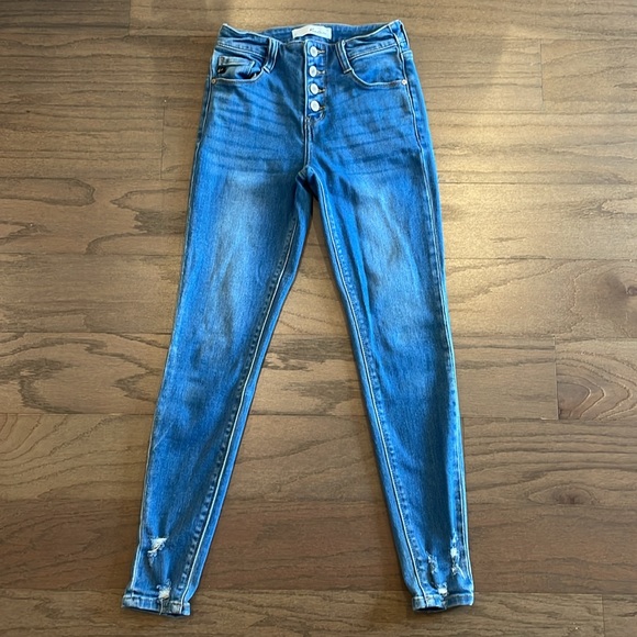 KanCan Medium Wash Distressed Button Skinny Jean - Size 1/24 - Picture 3 of 9